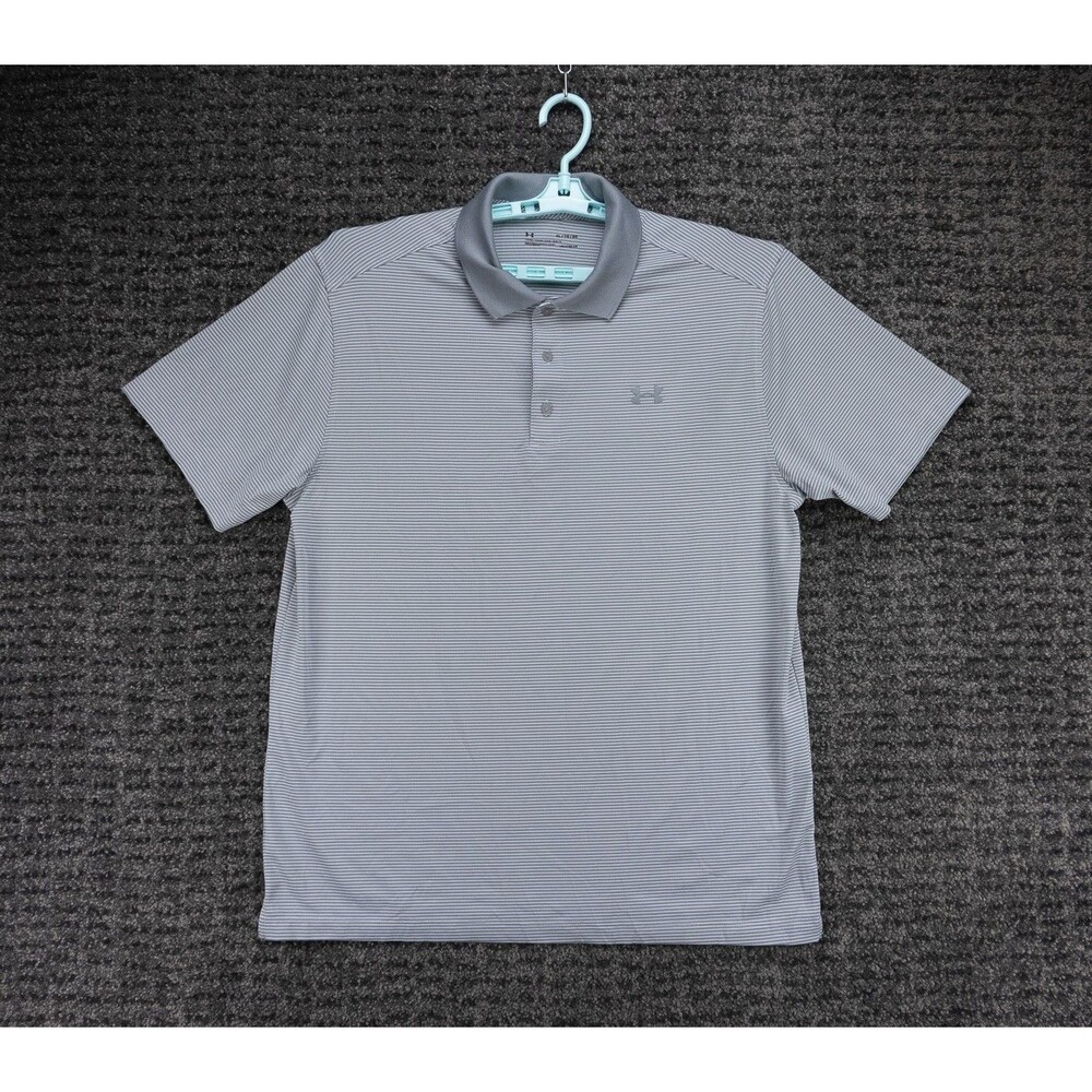 Under Armour Shirt Mens XL Gray Striped Loose Heat Gear Performance Polo Golf